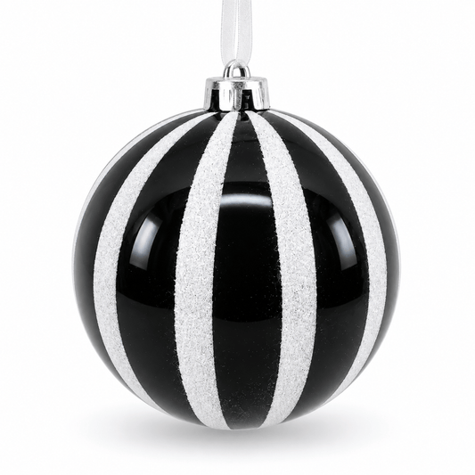Christmas - Black & White Fine Glitter Stripe Bauble - 15cm - 60486238
