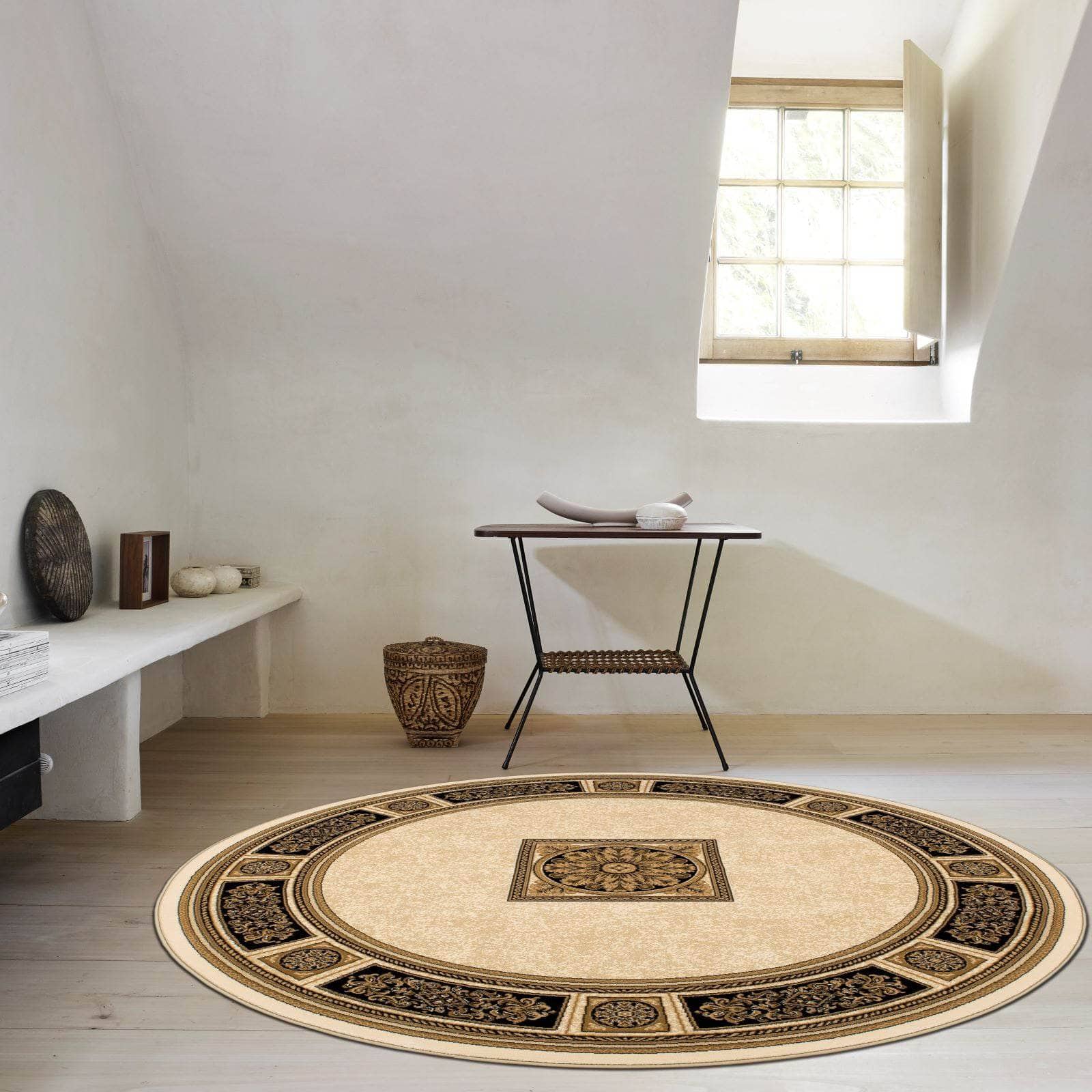 Da Vinci Traditional Bordered Cream & Gold Rug Circle Taskers