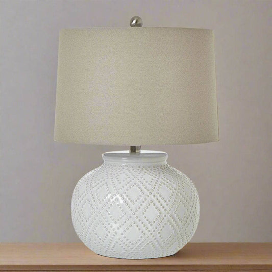 Lights - Squat White Beaded Ceramic Lamp With Linen Shade - 60014284