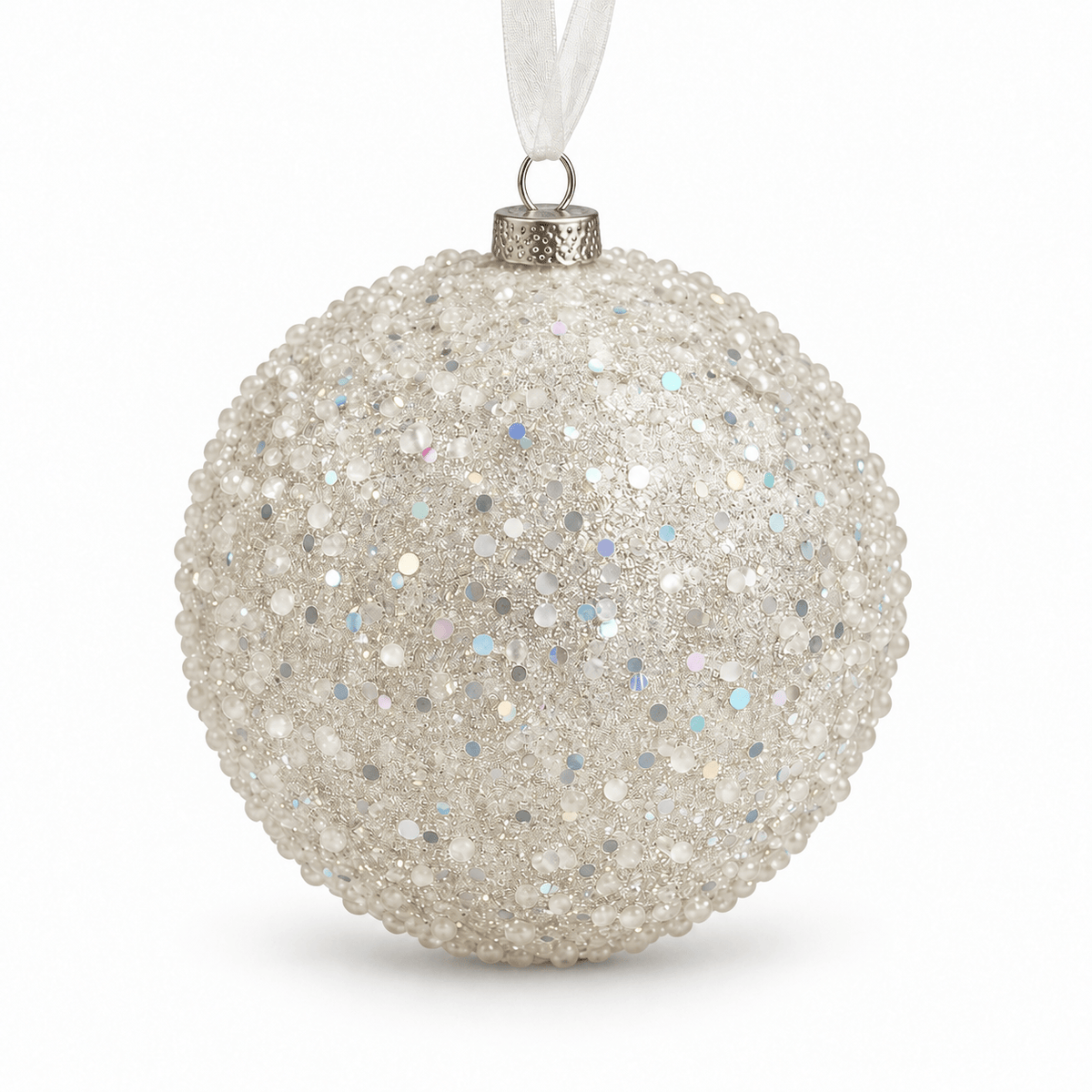 Christmas - Silver Ball with Bead & Sequin Design - 15cm - 60039452