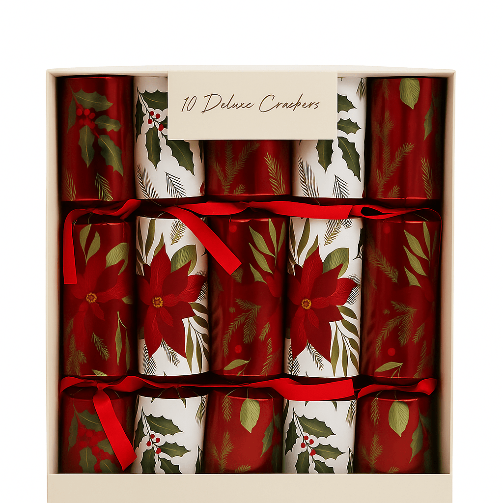 Christmas - 10 Deluxe Christmas Crackers - Poinsetta & Holly - 60484348