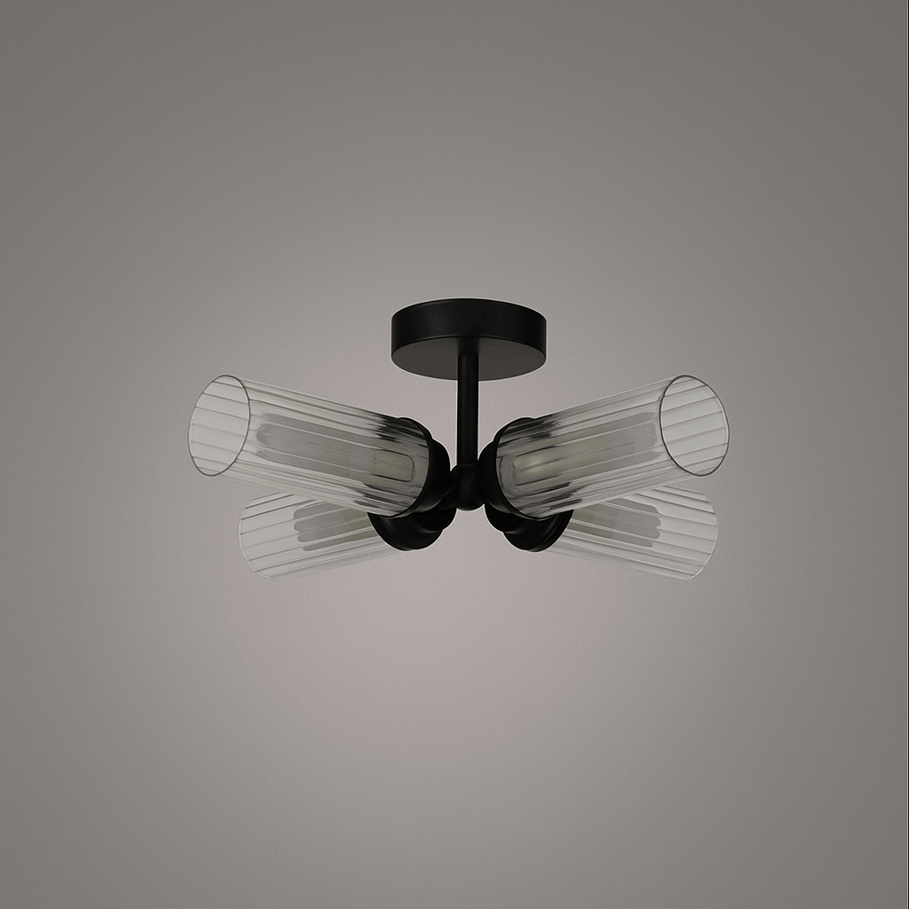 Lights - Padua 4 Light Flush Black & Clear Ribbed Glass Ceiling Light - 60484698