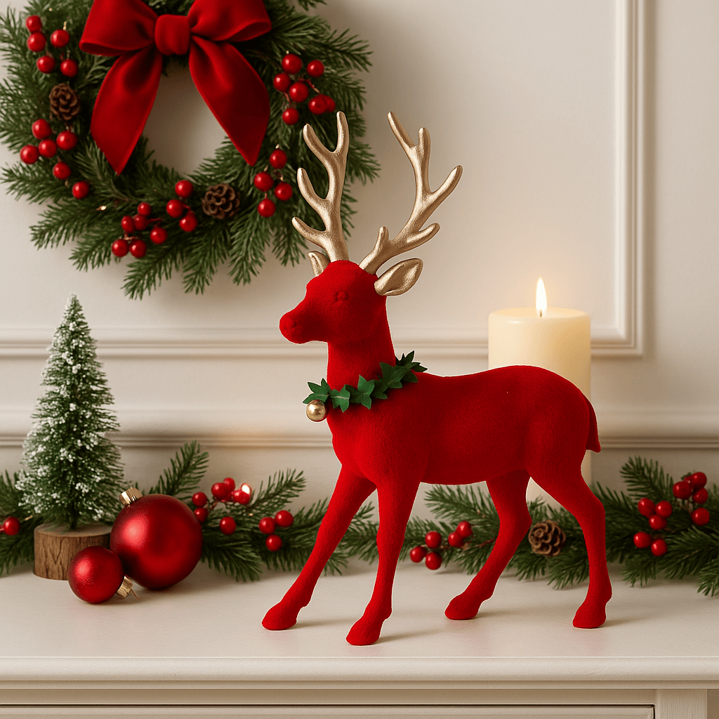 Christmas - Red Flocked Reindeer With Gold Antlers - 32cm - 60484880