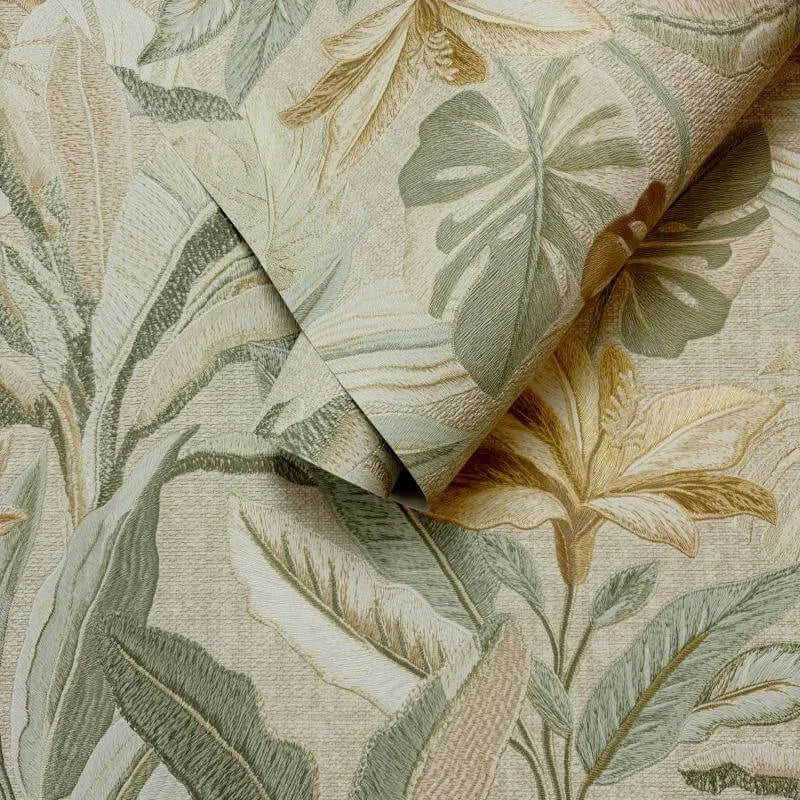 Wallpaper - Rasch Sofia Leaf Sage & Cream Wallpaper - 400617 - 60486528