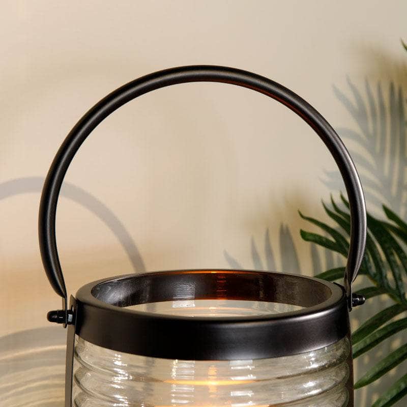 Black Stainless Steel & Ribbed Glass Lantern - 33cm  -  60008065