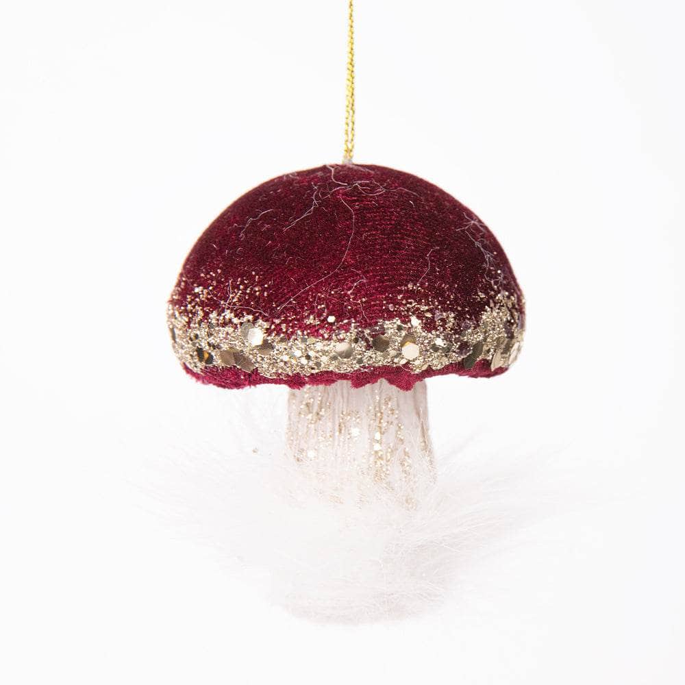 8cm burgundy mushroom Christmas tree hanging decoration featuring a soft velvet cap, sparkling gold glitter and sequin detailing, fluffy white feather stem and gold hanging string on a green Christmas tree.