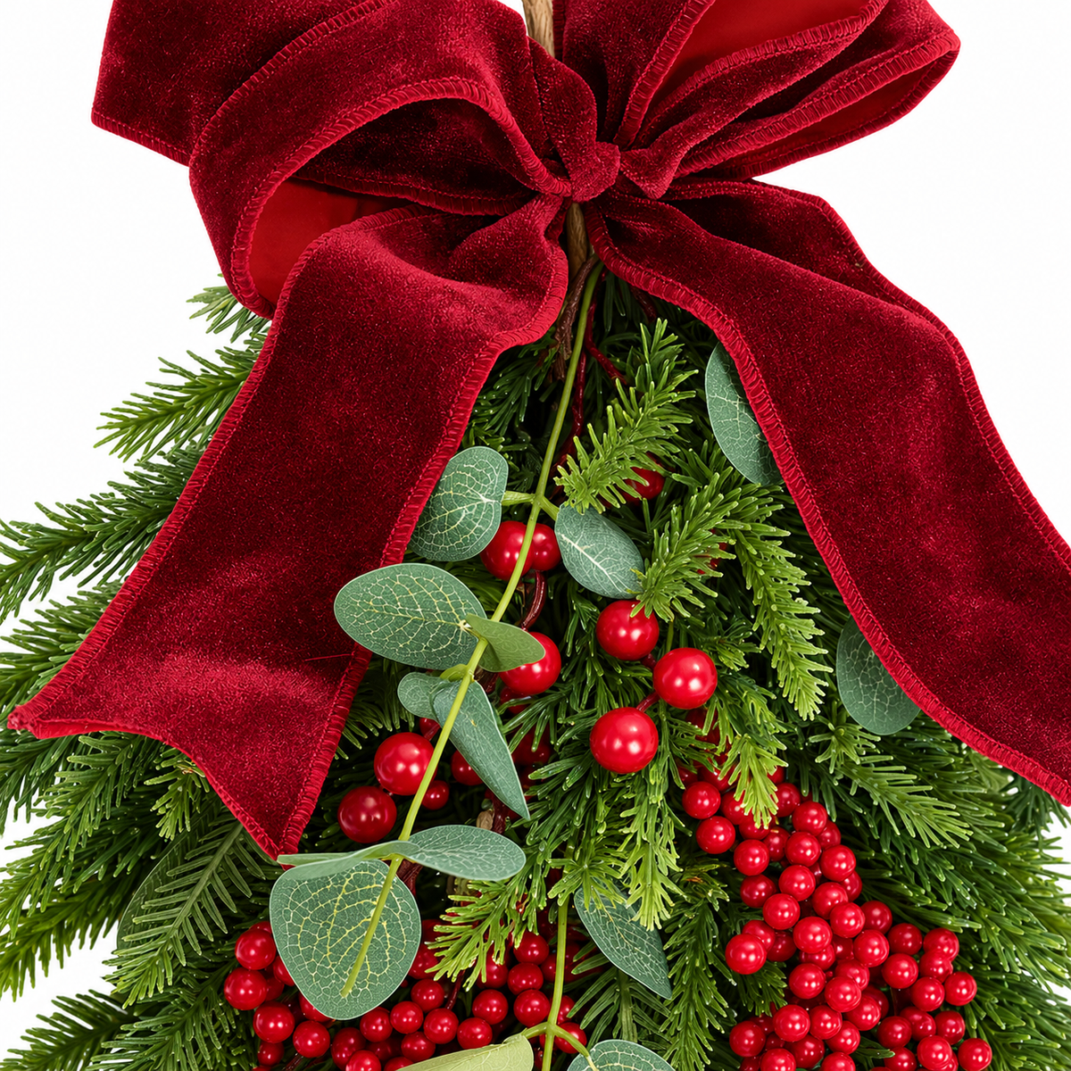 Decorative Bow Drop 60cm close-up with burgundy bow red berries eucalyptus leaves and evergreen foliage