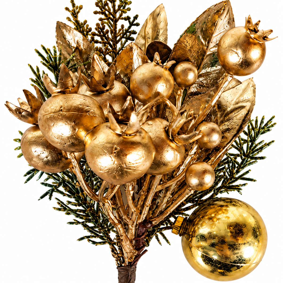 Gold Floral Pick 29cm close-up with gold pomegranate fruit berries foliage and bauble