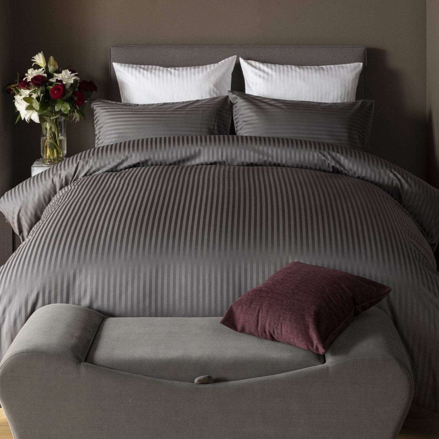 Homeware - Hotel Satin Stripe Charcoal Duvet Set - Multiple Sizes -