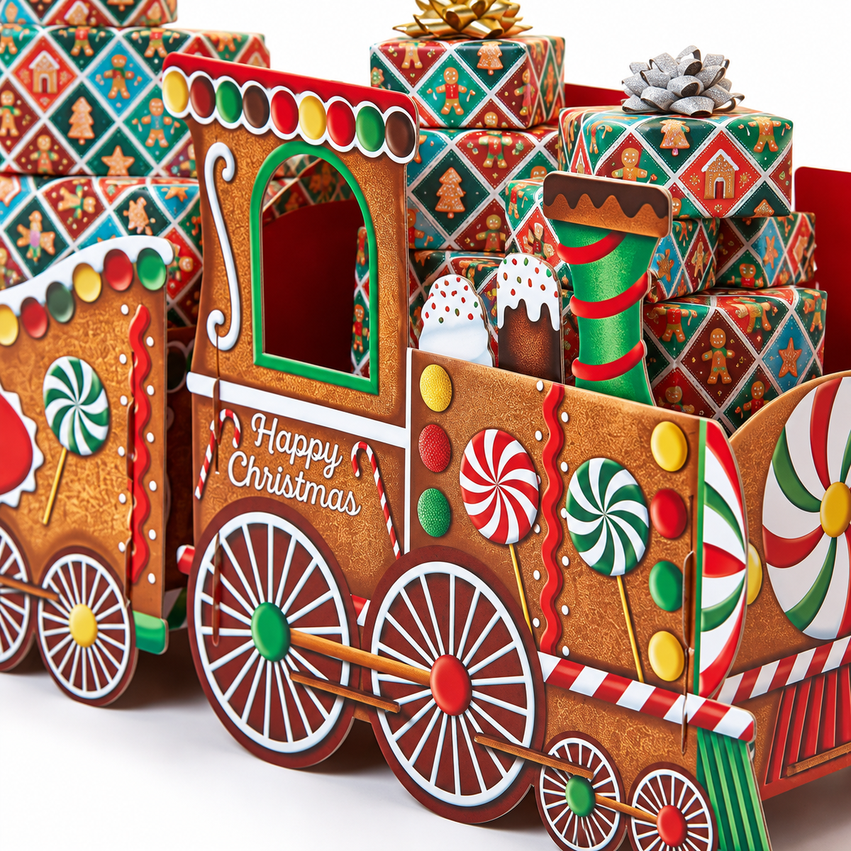 Large Gingerbread Christmas Train Gift Box close-up with peppermint and gingerbread detailing