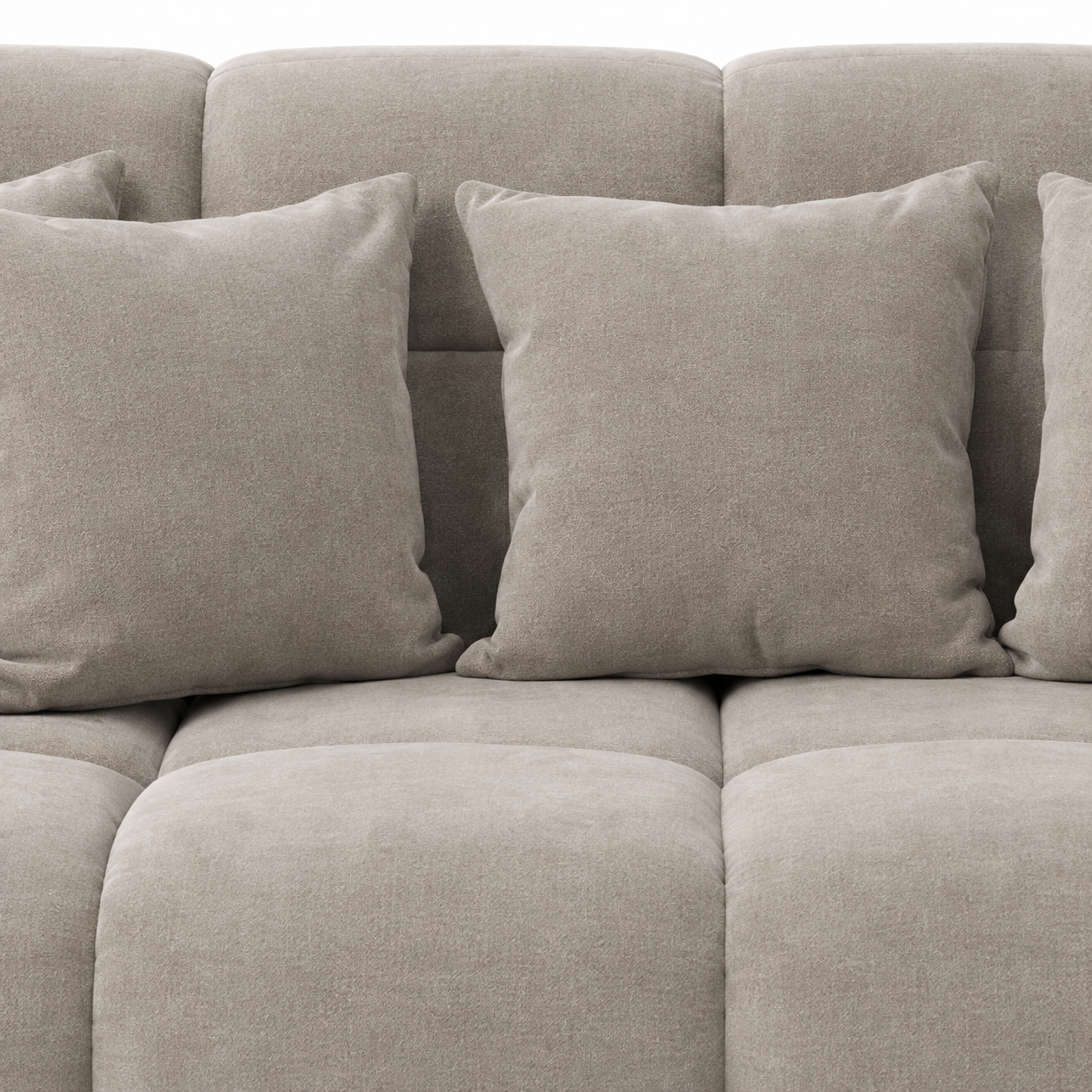 Maine 3 Seater Sofa Latte scatter cushions close-up – soft neutral fabric sofa cushions