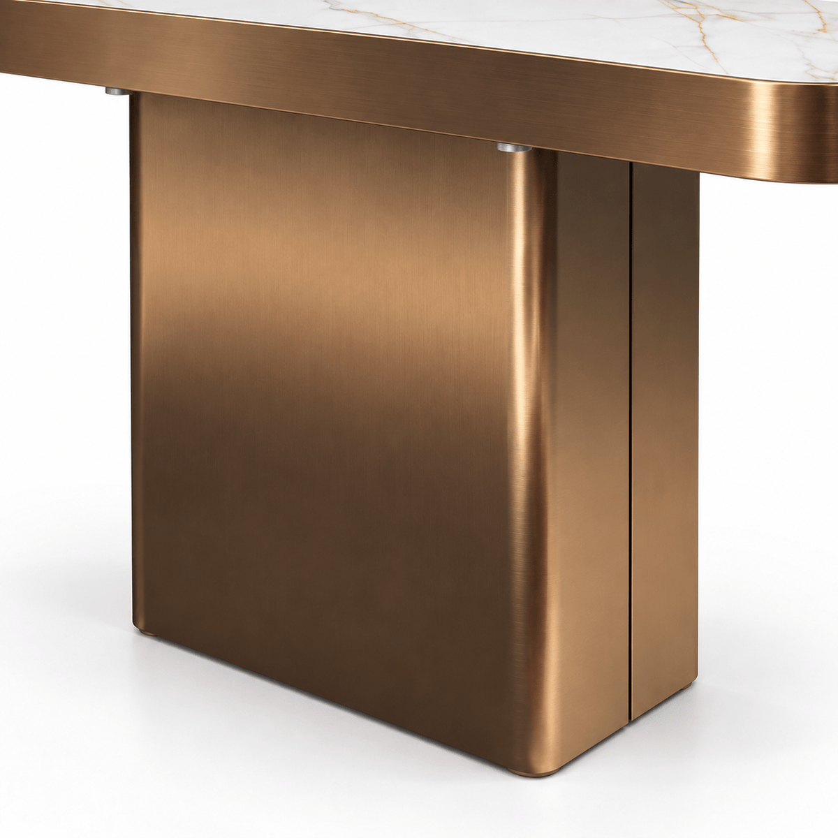 Poppy Console Table Bronze close up of brushed bronze pedestal base