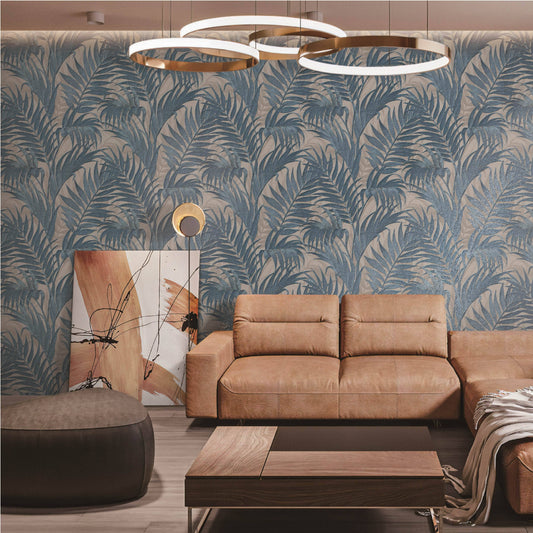 Wallpaper  -  Tropical Palm Blue & Beige Wallpaper - GR322108  -  60007682