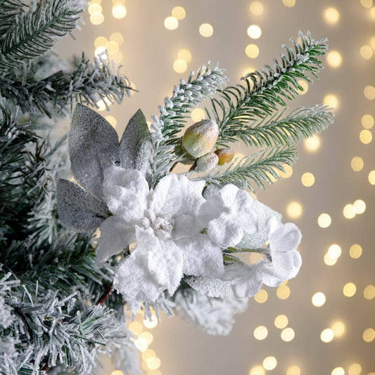 Christmas  -  White Flocked Poinsettia Christmas Pick - 37cm  -  60001349