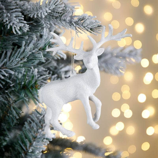 Christmas  -  White Glitter Reindeer Christmas Tree Decoration - 14cm  -  60008612