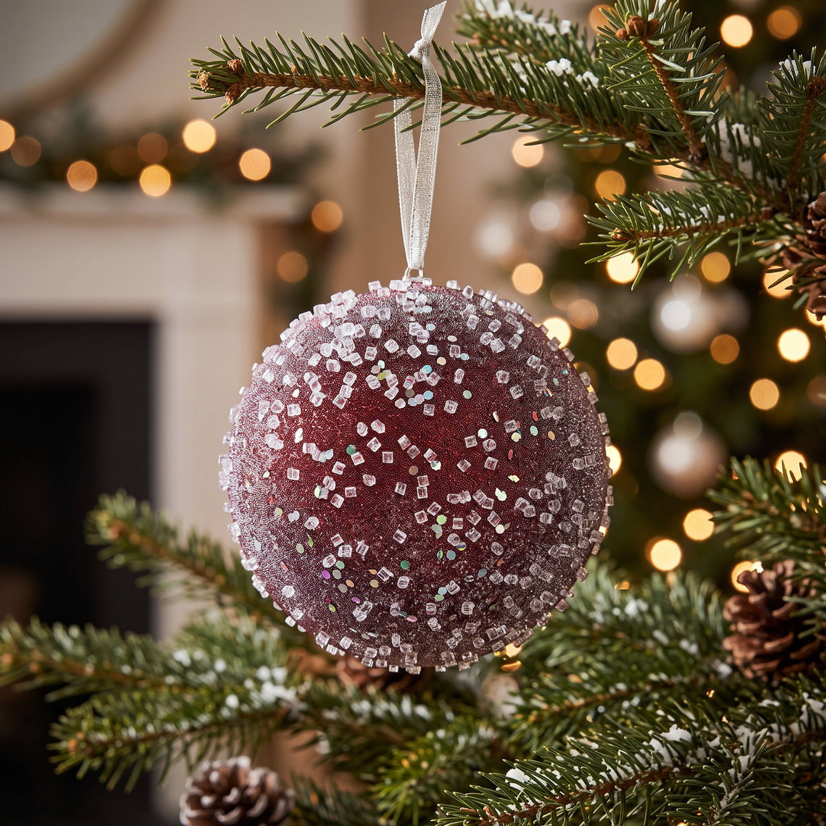 Frosted Bauble with Glass Beads & Sequins - Burgundy - 15cm