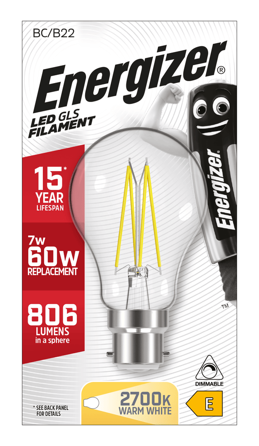 Lights  -  Energizer B22 Filament LED Warm White Lightbulb 60W  -  60003322