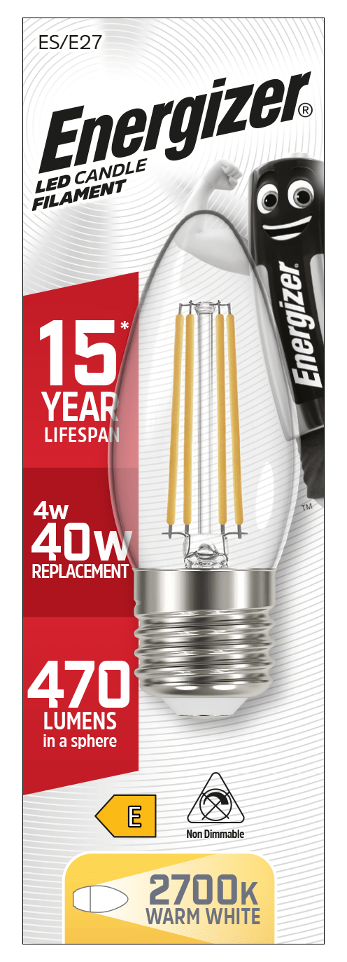 Lights  -  Energizer E27 Filament LED Candle Warm White Lightbulb 40W  -  60003325