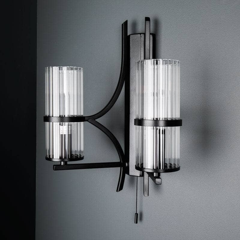 Lights - Rome Matt Black & Ribbed Glass Double Wall Light - 60006129