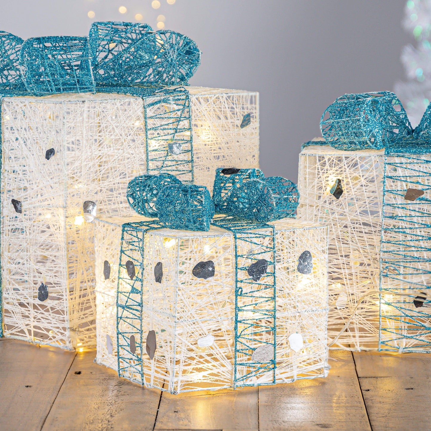 Christmas - Set Of 3 Warm White & Blue LED Christmas Parcels - 60001097