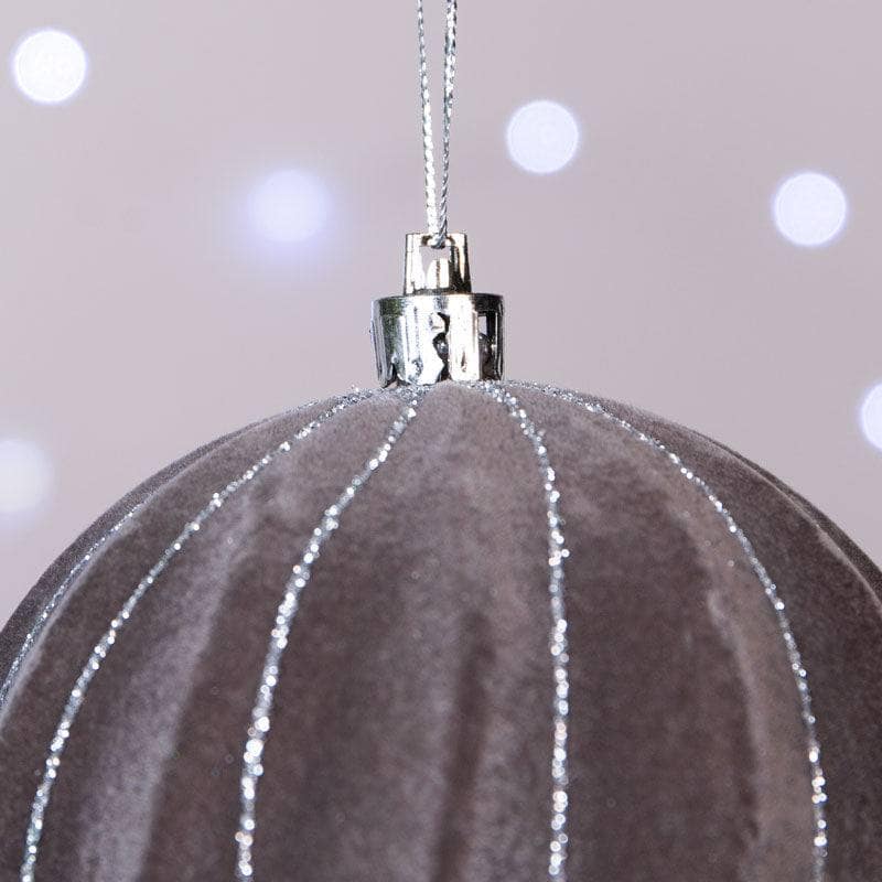 Christmas - Grey and Silver Stripped Flocked Bauble - 10cm - 60005012