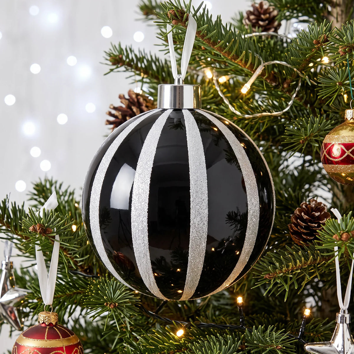 Christmas  -  Black & White Fine Glitter Stripe Bauble - 20cm  -  60486241