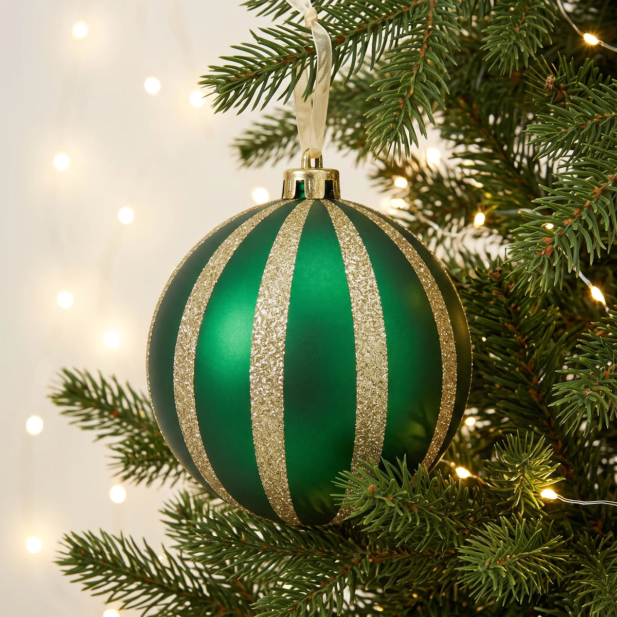 Christmas  -  Emerald & Gold Fine Glitter Stripe Bauble - 15cm  -  60486243