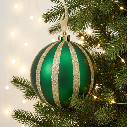 Christmas  -  Emerald & Gold Fine Glitter Stripe Bauble - 15cm  -  60486243