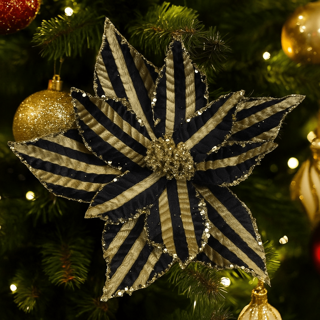 Christmas  -  Assorted Black Striped Velvet Poinsettia - 27cm  -  60450750