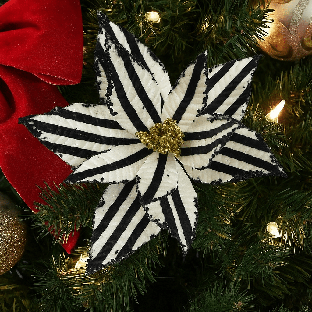 Christmas  -  Assorted Black Striped Velvet Poinsettia - 27cm  -  60450750