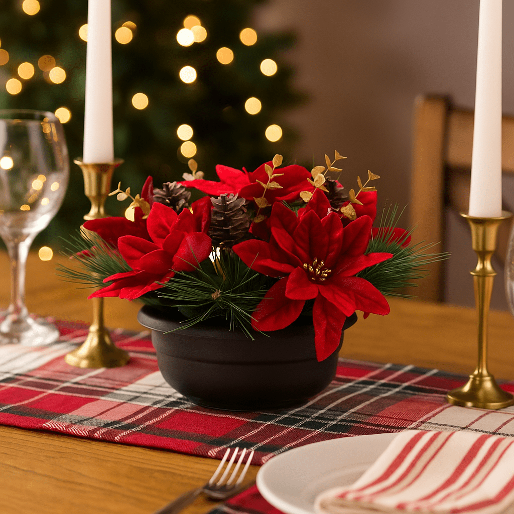 Christmas  -  Potted Red Poinsettia & Eucalyptus Plant - 24 x 16cm  -  60014568