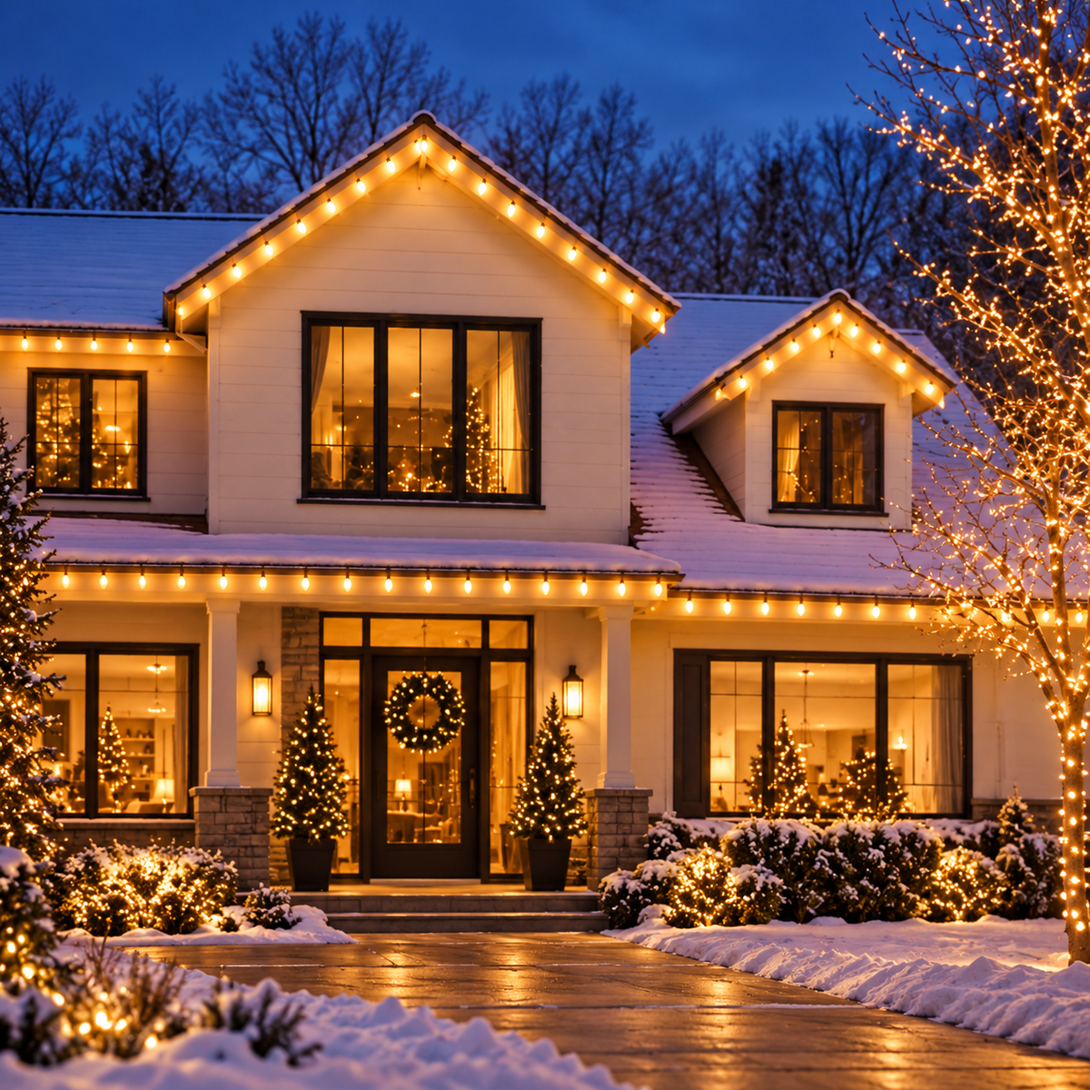 24V C9 String Lights 10m Warm White outdoor Christmas lights decorating snowy house