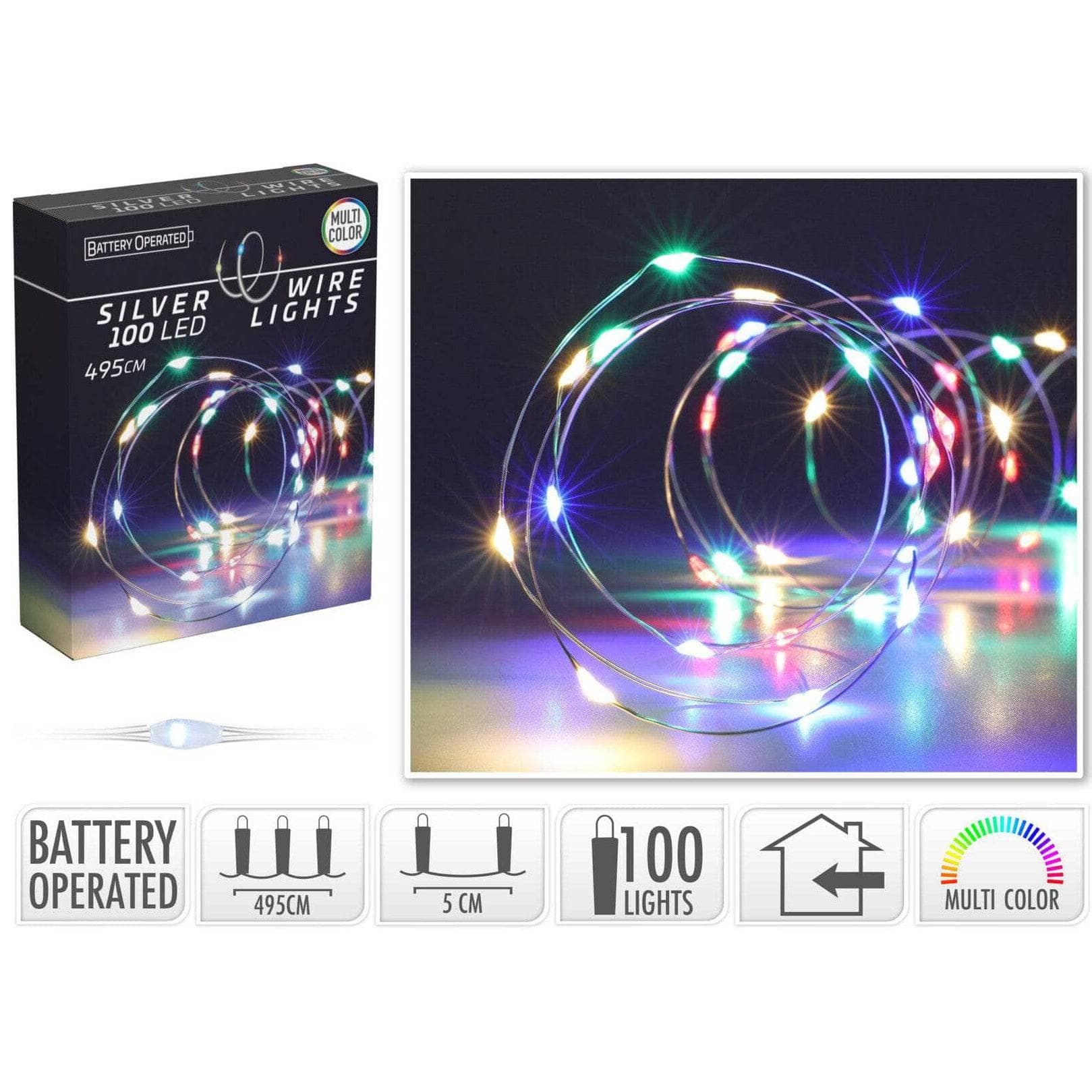 Christmas  -  100 LED Silver Wire Lights - Multicoloured  -  60008458