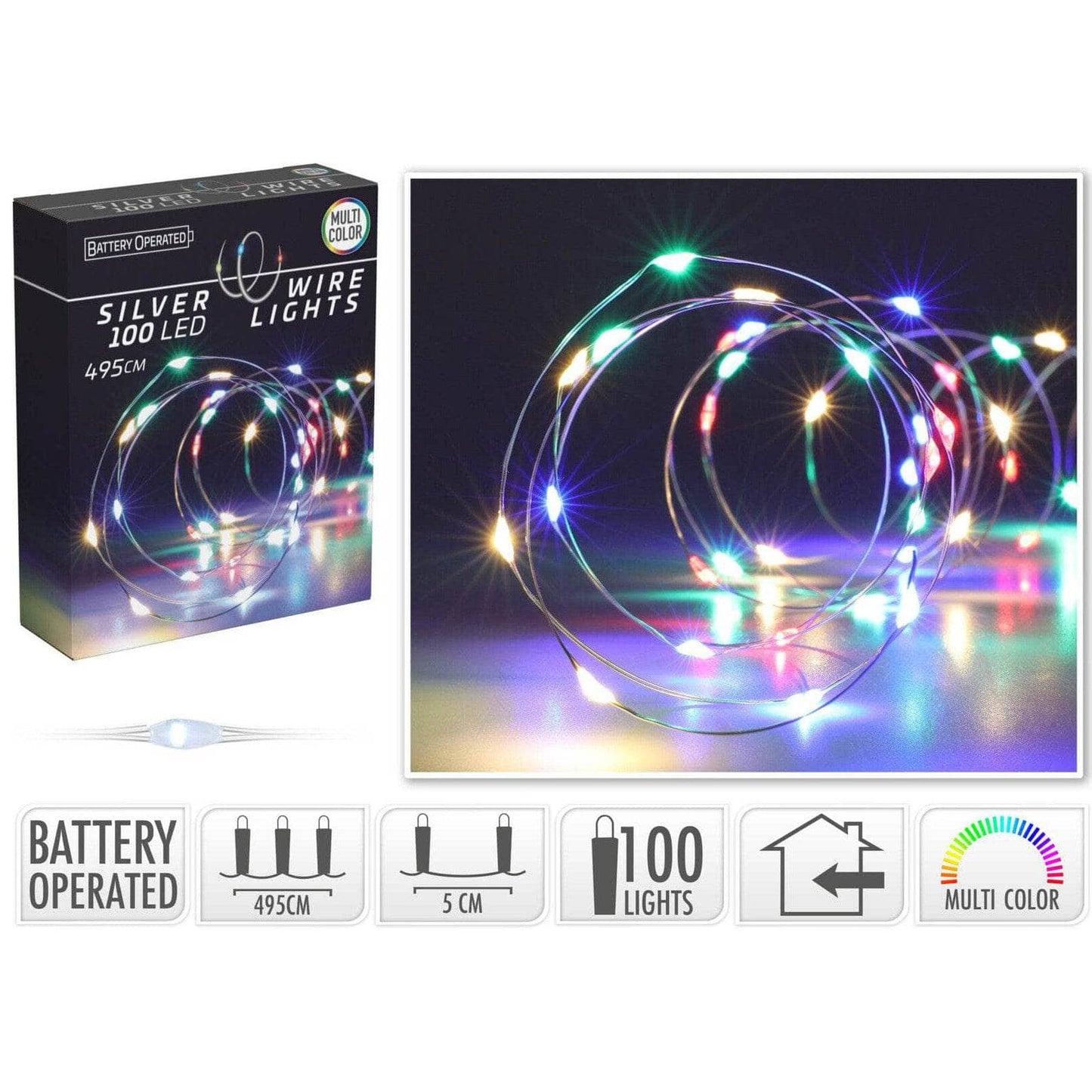 Christmas  -  100 LED Silver Wire Lights - Multicoloured  -  60008458