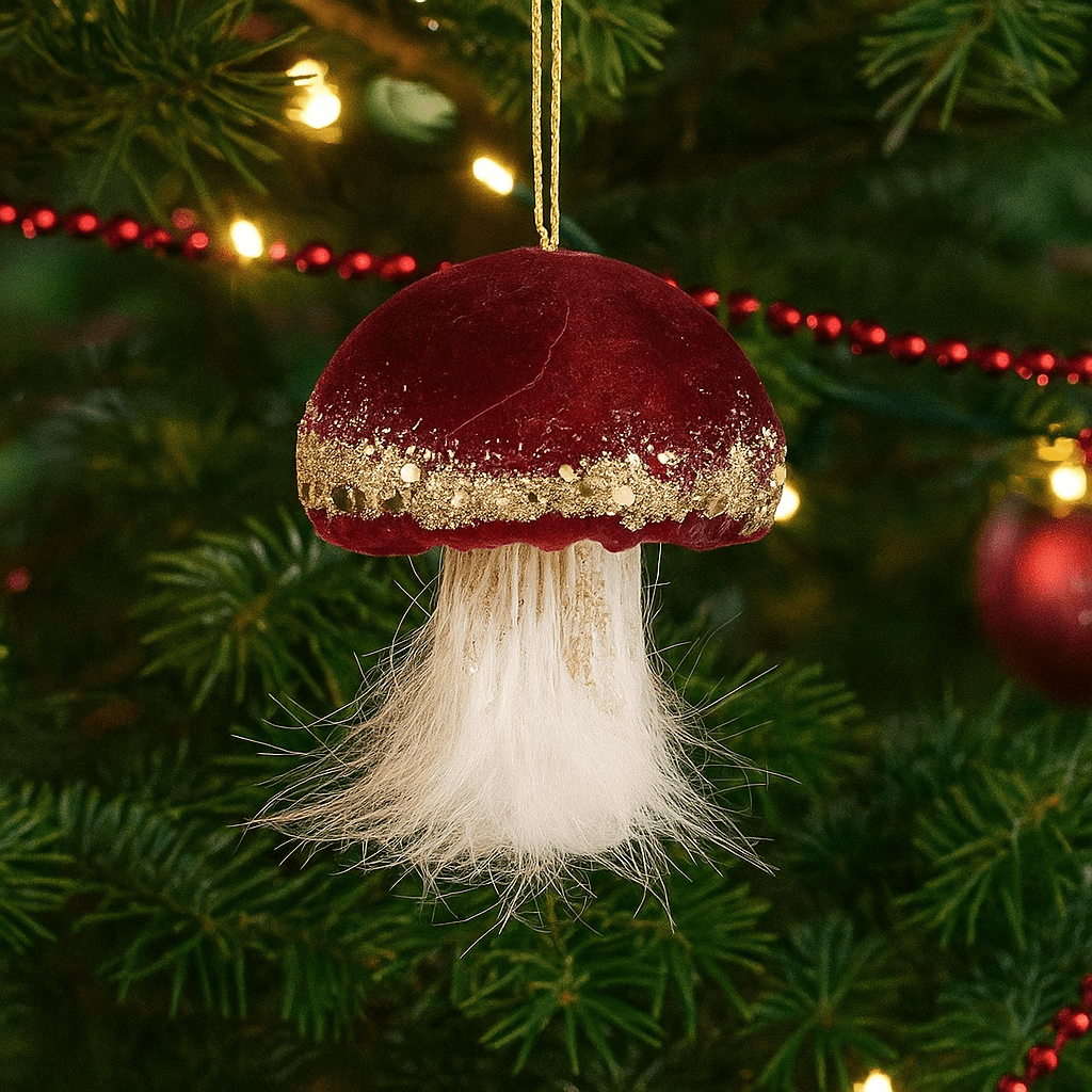 Christmas  -  Burgundy Mushroom Christmas Tree Decoration - 8cm  -  60008488