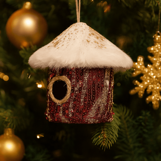 Christmas  -  Burgundy Bird House Christmas Decoration - 10cm  -  60008490