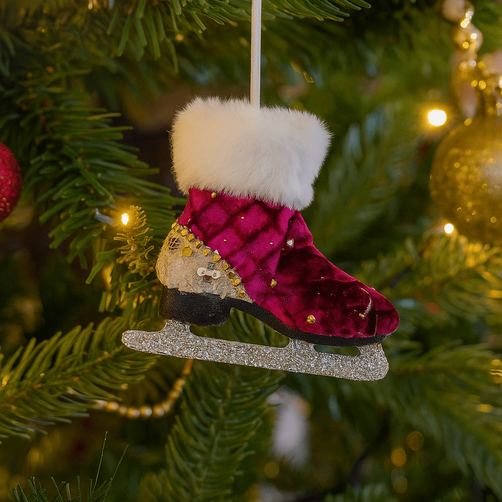 Christmas  -  Burgundy Quilted Skate Boot Christmas Tree Decoration - 12cm  -  60008491