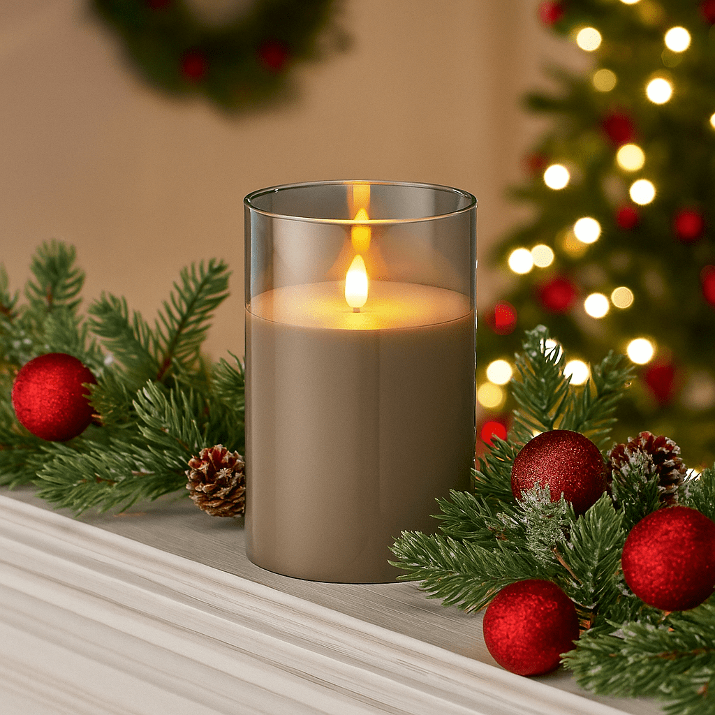 Homeware  -  Smoked Glass Cylinder LED Wick Candle - 15cm  -  60008558