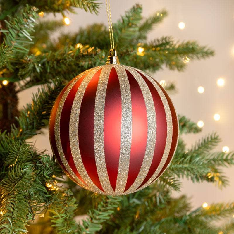 Christmas  -  Red & Champagne Striped Christmas Bauble - 15cm  -  60011111