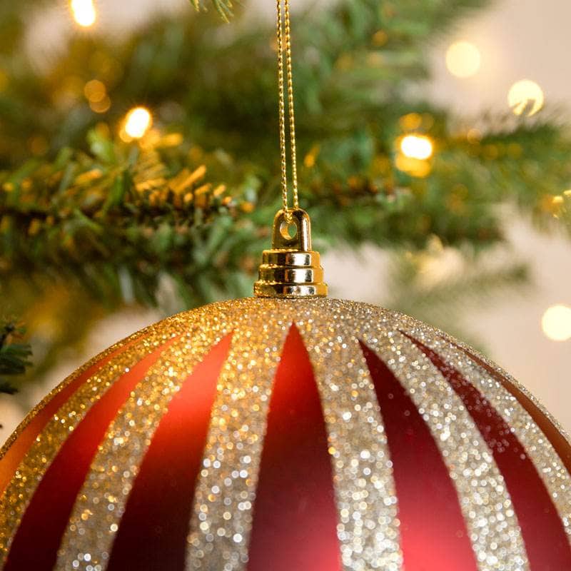 Christmas  -  Red & Champagne Striped Christmas Bauble - 15cm  -  60011111