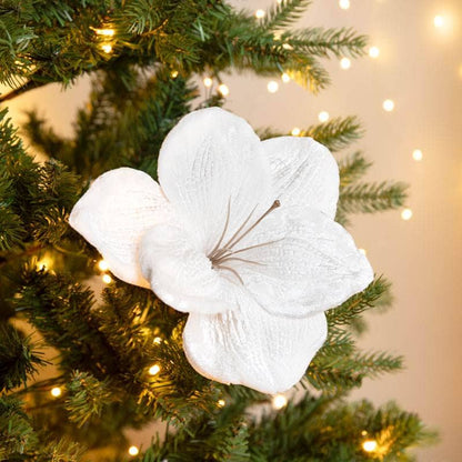 Christmas  -  White Velvet Amaryllis Clip Decoration - 14cm  -  60012207