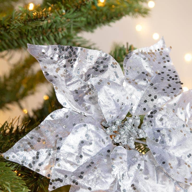 Christmas  -  Silver Metallic Poinsettia Clip Decoration - 25cm  -  60012212