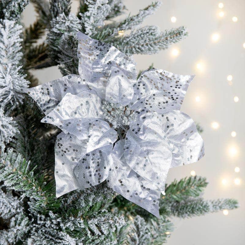 Christmas  -  Silver Metallic Poinsettia Clip Decoration - 25cm  -  60012212