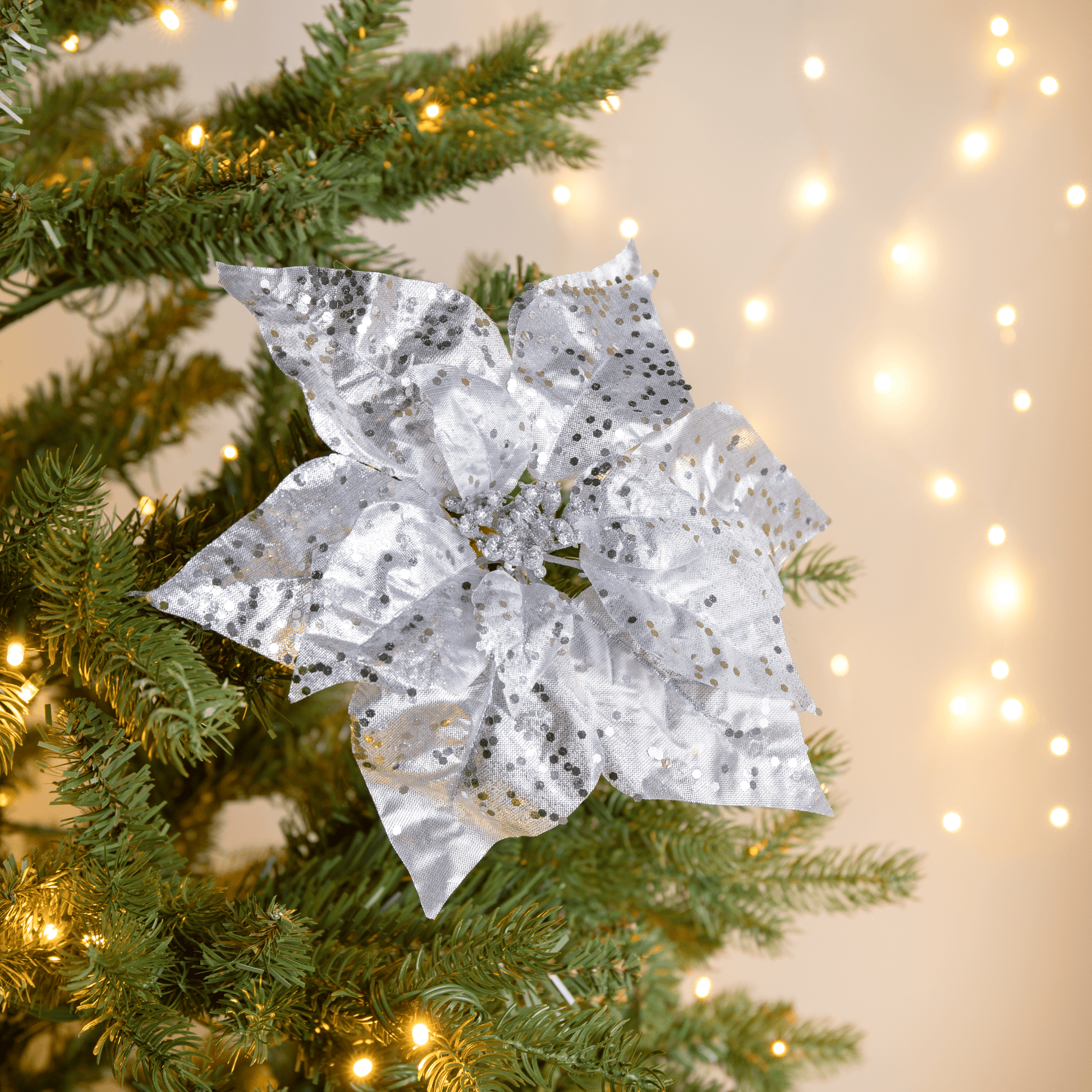 Christmas  -  Silver Metallic Poinsettia Clip Decoration - 25cm  -  60012212
