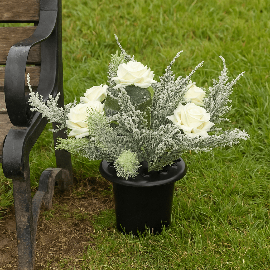 Christmas  -  Cream Rose Frosted Foliage Grave Pot 25cm  -  60014569