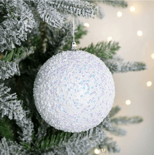 Christmas  -  White Ball with Bead & Sequin Design - 15cm  -  60039454