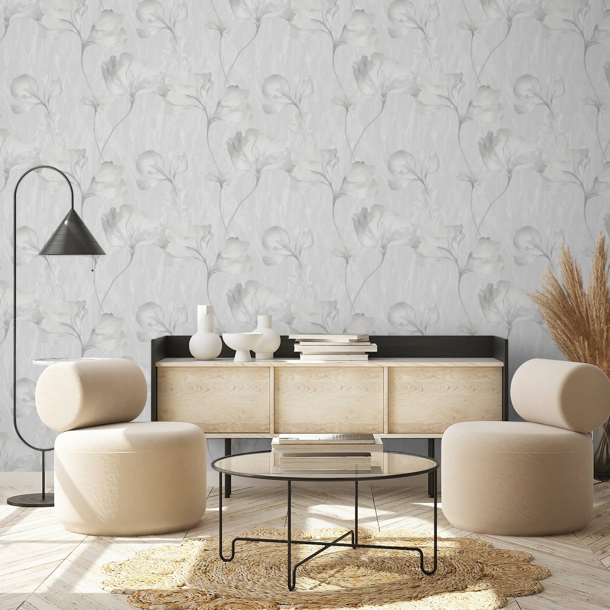 Wallpaper  -  Grandeco B21 Silk Flower Grey Wallpaper - VE3317  -  60369718