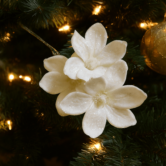 Christmas  -  Glittered White Magnolia Pick - 48cm  -  60450882