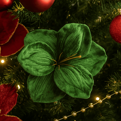 Christmas  -  Deep Green Velvet Amaryllis Clip Decoration - 14cm  -  60483967