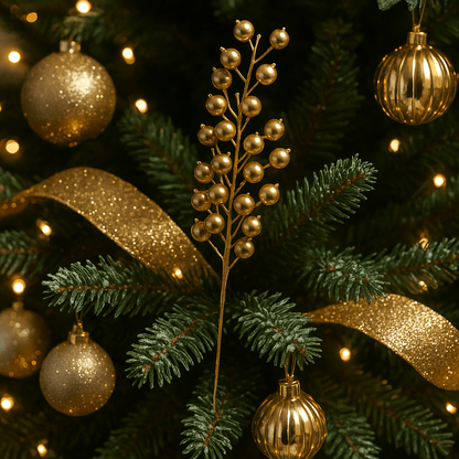 Gold Berry Stem Christmas decoration nestled among green Christmas tree branches, gold baubles, glittering ribbon and warm white fairy lights.